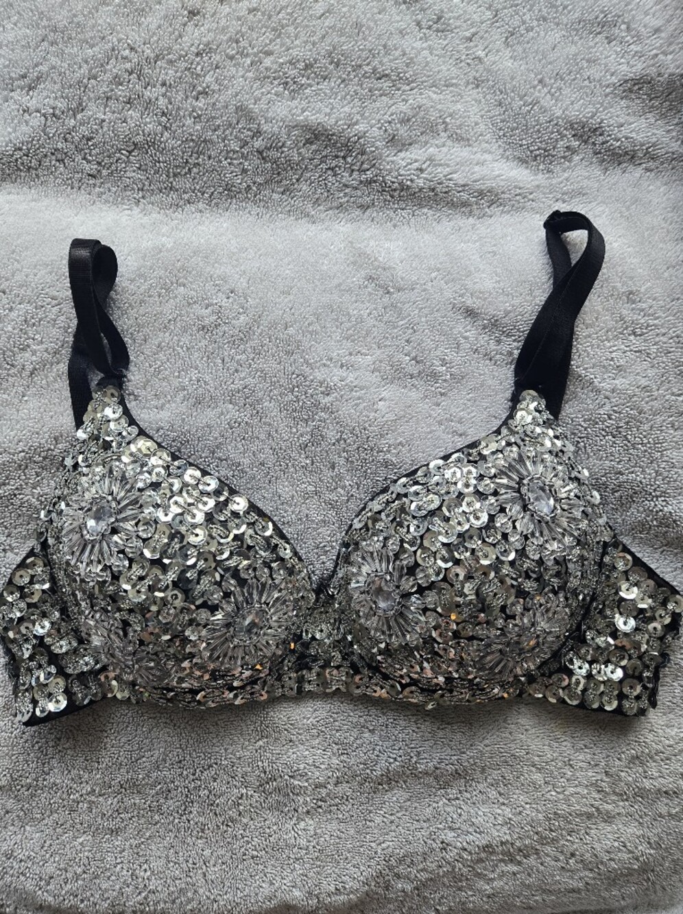 Sequin Embellished Black and Silver Push-Up Bra (Perfect For Raves)